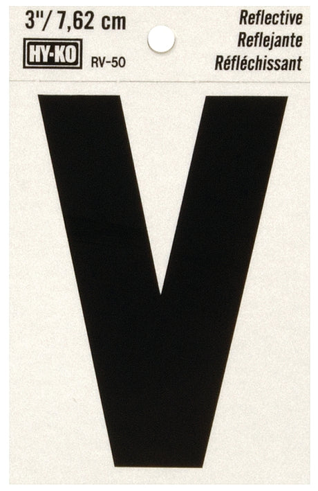 Hy-Ko RV-50/V Reflective Letter, 2-1/2 in W x 4 in H Dimensions, Character: V, 3 in H Character, Black Character, Vinyl, Pack of 10