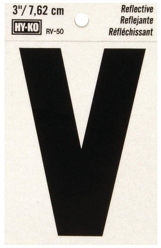 Hy-Ko RV-50/V Reflective Letter, 2-1/2 in W x 4 in H Dimensions, Character: V, 3 in H Character, Black Character, Vinyl, Pack of 10