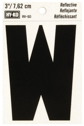 Hy-Ko RV-50/W Reflective Letter, 2-1/2 in W x 4 in H Dimensions, Character: W, 3 in H Character, Black Character, Vinyl, Pack of 10