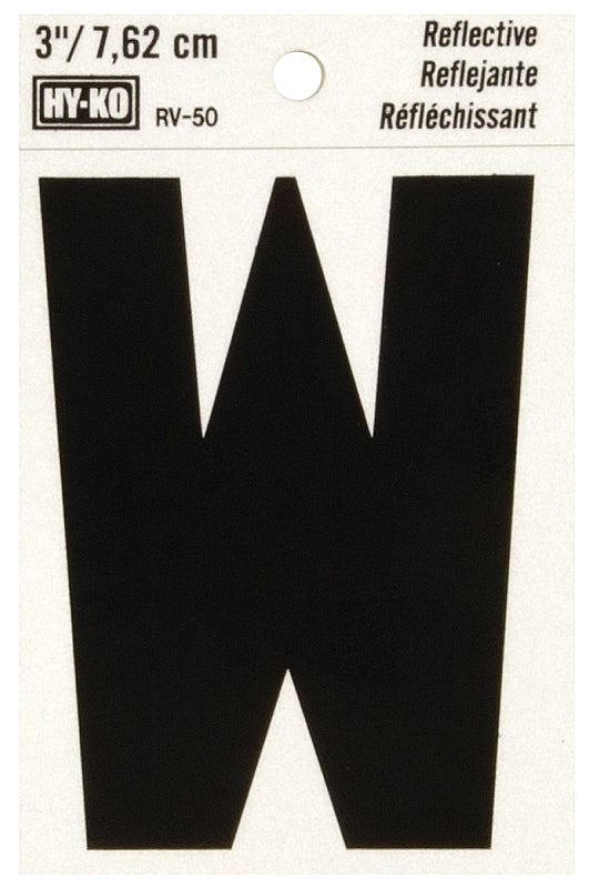 Hy-Ko RV-50/W Reflective Letter, 2-1/2 in W x 4 in H Dimensions, Character: W, 3 in H Character, Black Character, Vinyl, Pack of 10