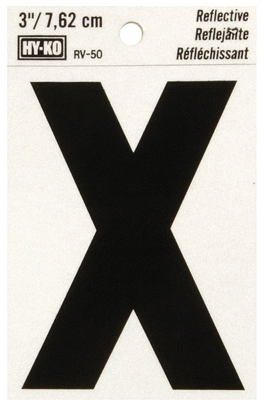 Hy-Ko RV-50 Series RV-50/X Self-Adhesive Reflective Letter, Character: X, 3 in H Character, Black Character, Vinyl, Pack of 10