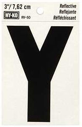 Hy-Ko RV-50/Y Reflective Letter, 2-1/2 in W x 4 in H Dimensions, Character: Y, 3 in H Character, Black Character, Vinyl, Pack of 10