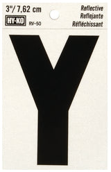 Hy-Ko RV-50/Y Reflective Letter, 2-1/2 in W x 4 in H Dimensions, Character: Y, 3 in H Character, Black Character, Vinyl, Pack of 10