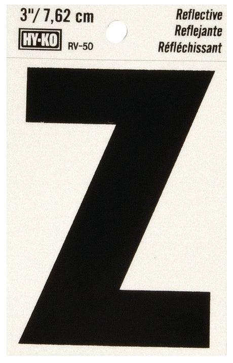 Hy-Ko RV-50/Z Reflective Letter, 2-1/2 in W x 4 in H Dimensions, Character: Z, 3 in H Character, Black Character, Vinyl, Pack of 10