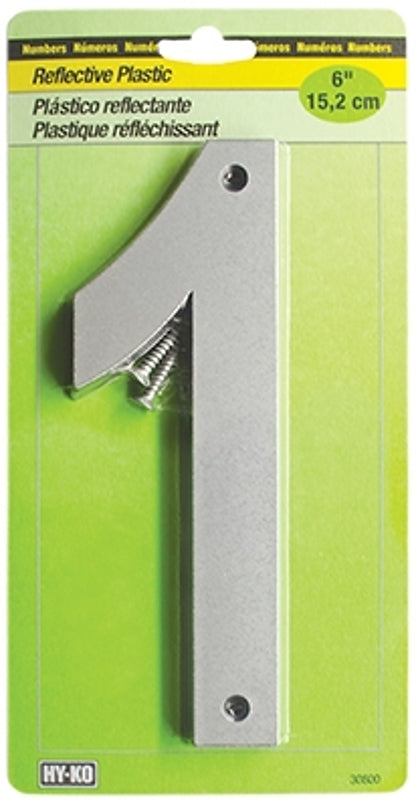 Hy-Ko 30800 Series 30801 Reflective House Number, Character: 1, 6 in H Character, Black/Silver Character, Plastic, Pack of 5