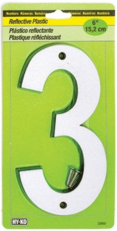 Hy-Ko 30800 Series 30803 Reflective House Number, Character: 3, 6 in H Character, Black/Silver Character, Plastic, Pack of 5
