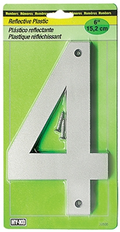 Hy-Ko 30800 Series 30804 Reflective House Number, Character: 4, 6 in H Character, Black/Silver Character, Plastic, Pack of 5