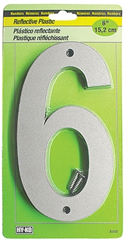 Hy-Ko 30800 Series 30806 Reflective House Number, Character: 6, 6 in H Character, Black/Silver Character, Plastic, Pack of 5