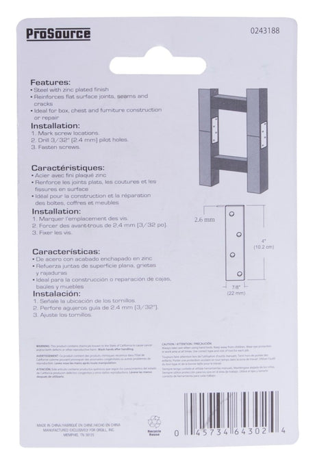 ProSource MP-Z04-C4PS Mending Plate, 4 in L, 7/8 in W, Steel, Screw Mounting