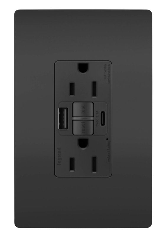 Pass & Seymour radiant Series 1597TRUSBACBK GFCI Outlet, 125 V, 15 A, Black