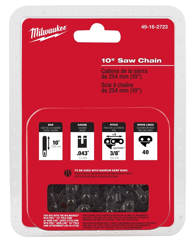 Milwaukee 49-16-2723 Chainsaw Chain, Pole Saw Chain, 10 in L Bar, 0.043 in, 3/8 in TPI/Pitch, 40-Link