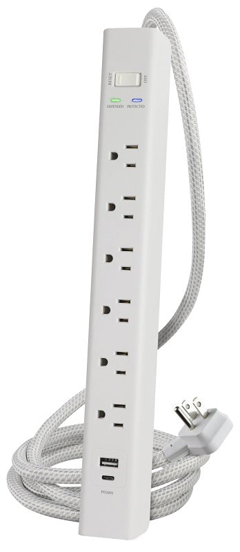 Powerzone ORPBSUFC406 Surge Protector Power Strip, 4 ft L Cable, 6-Socket, 2-USB Port, 15 A, 125 V, White