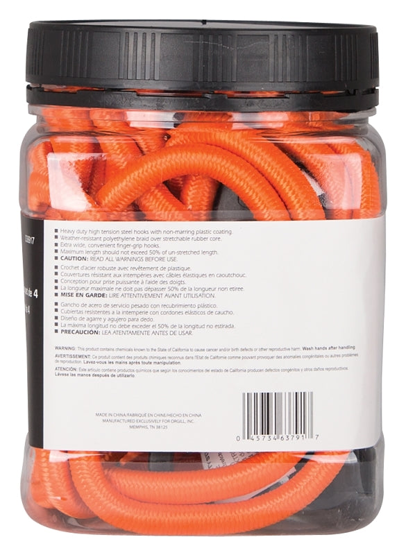 ProSource FH4034 Stretch Cord, 9 mm Dia, 48 in L, Polypropylene, Orange, Hook End, Pack of 12