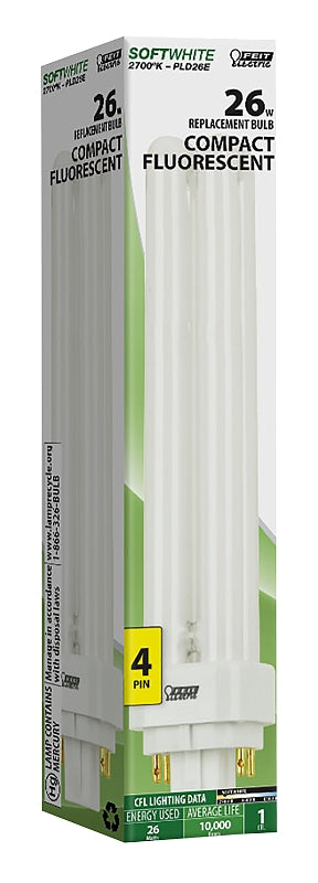 Feit Electric PLD26E Fluorescent Bulb, 26 W, PL Lamp, G24Q-3 Lamp Base, 1600 Lumens, 2700 K Color Temp, Soft White Light
