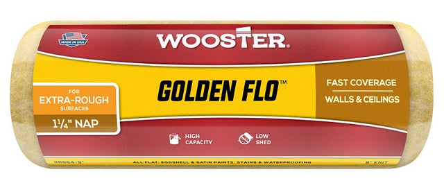 Wooster RR664-9 Roller Cover, 1-1/4 in Thick Nap, 9 in L, Fabric Cover, Yellow
