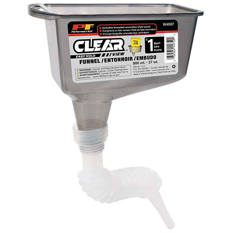 Performance Tool Clear View Series W4087 Funnel With Flexible Spout, 1 qt Capacity, Polypropylene, Clear