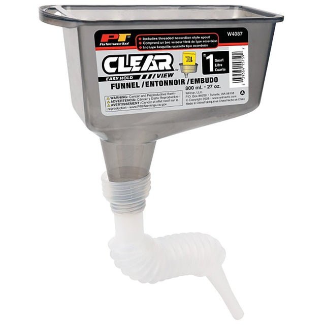 Performance Tool Clear View Series W4087 Funnel With Flexible Spout, 1 qt Capacity, Polypropylene, Clear