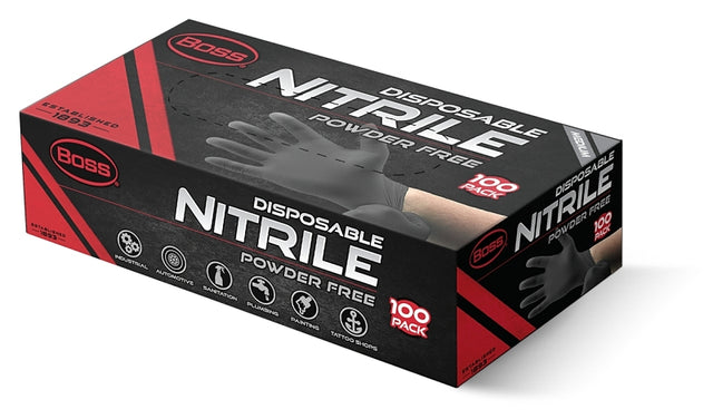 Boss B21051-M Disposable Gloves, M, Nitrile, Powder-Free, Black