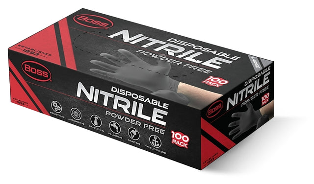 Boss B21051-L Disposable Gloves, L, Nitrile, Powder-Free, Black, 9-1/2 in L