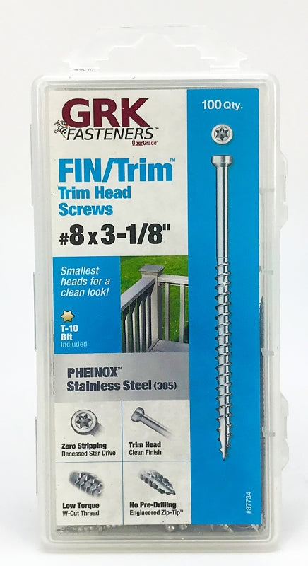 GRK Fasteners 37734 Screw, 3-1/8 in L, Trim Head, Stainless Steel, 100 PK