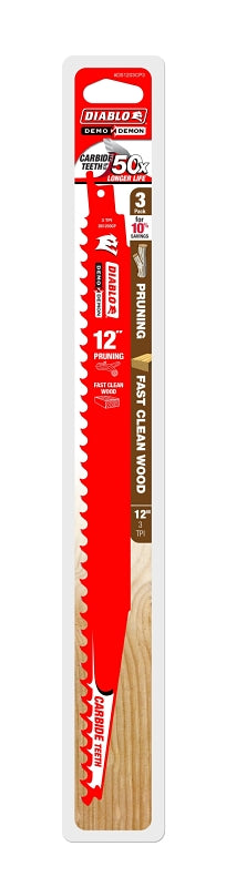 Diablo DS1203CP3 Reciprocating Saw Blade, 1 in W, 12 in L, 3 TPI, Carbide Cutting Edge