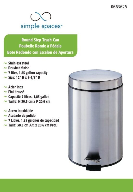 Simple Spaces LYP07F3-3L Trash Can, 1.85 gal Capacity, Plastic/Stainless Steel/Steel, Silver, Flat Lid Closure