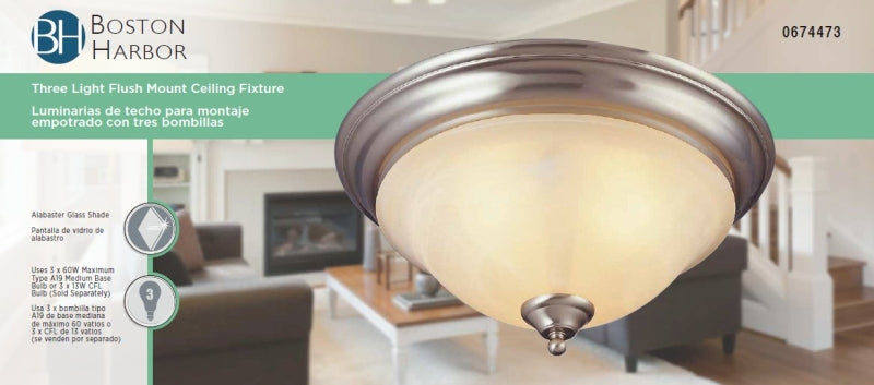 Boston Harbor BRT-ATE1013-SC Three Light Flush Mount Ceiling Fixture, 120 V, 60 W, 3-Lamp, A19 or CFL Lamp