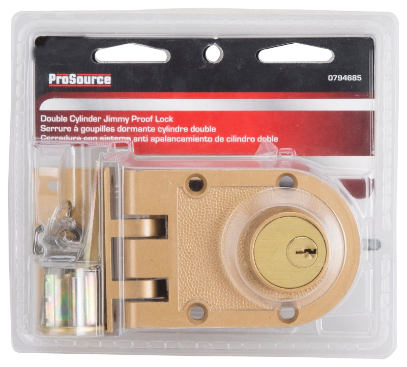 ProSource 6224331-PS Jimmy Proof Lock, Keyed Different Key, Brass, Brass, Kwikset Keyway, 1-2-3/8 in Thick Door