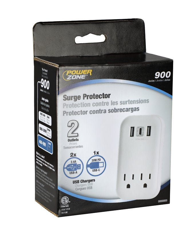 Powerzone ORSUC417 Surge Protector, 15 A, 125 V, 3-USB Port, 2-Outlet, White