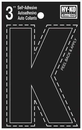 Hy-Ko 30400 Series 30421 Die-Cut Letter, Character: K, 3 in H Character, Black Character, Vinyl, Pack of 10