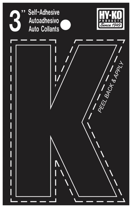 Hy-Ko 30400 Series 30421 Die-Cut Letter, Character: K, 3 in H Character, Black Character, Vinyl, Pack of 10