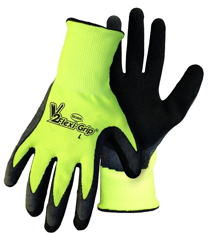 Boss Tactile Grip Series B31282-L3P Coated Gloves, L, Knit Wrist Cuff, Latex Coating, Polyester, Black/Hi-Viz Yellow
