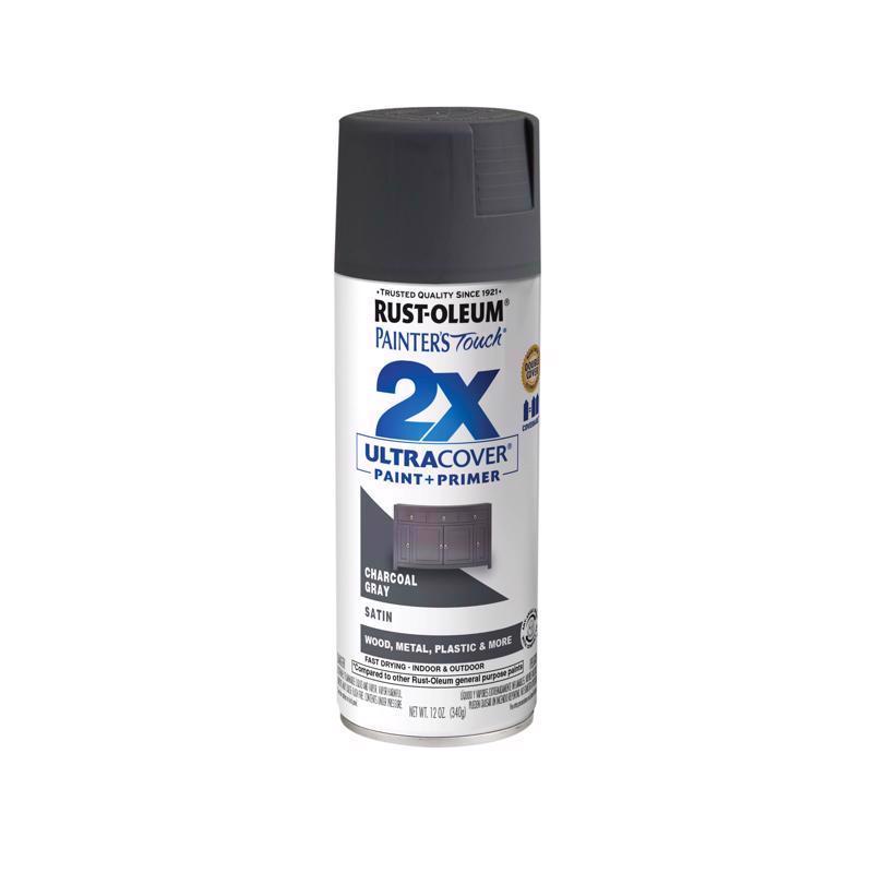 Rust-Oleum Painter's Touch 2X Ultra Cover Satin Charcoal Gray Paint+Primer Spray Paint 12 oz, Pack of 6