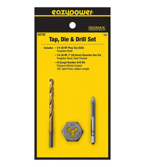 Eazypower 83720 Tap Die and Drill Set, 3-Piece, Tungsten Steel, Titanium Nitride-Coated