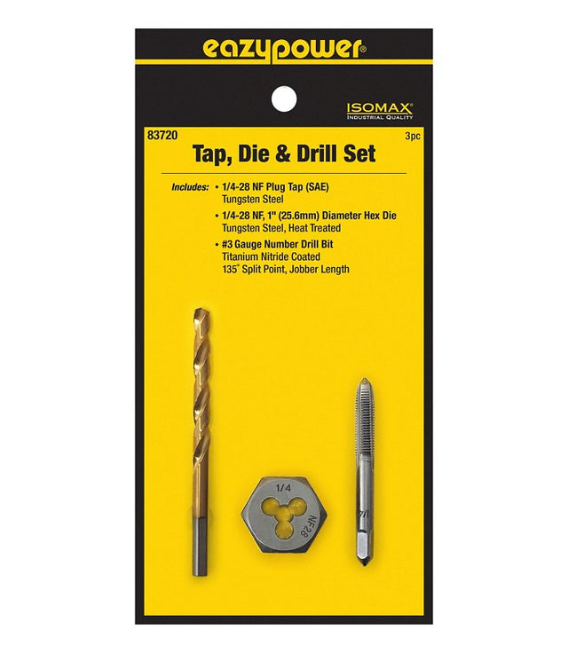 Eazypower 83720 Tap Die and Drill Set, 3-Piece, Tungsten Steel, Titanium Nitride-Coated