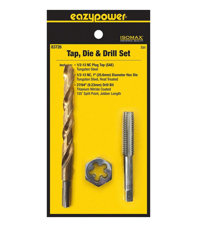 Eazypower 83726 Tap Die and Drill Set, 3-Piece, Tungsten Steel, Titanium Nitride-Coated