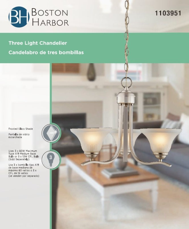 Boston Harbor 1571-3C Chandelier, 120 V, 60 W, 1-Tier, 3-Lamp, A19/CFL Lamp, Metal Fixture
