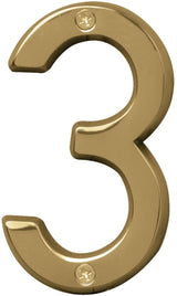 Hy-Ko Prestige Series BR-42PB/3 House Number, 2.938 in W x 6.875 in H Dimensions, Character: 3, 4 in H Character, Brass, Pack of 3