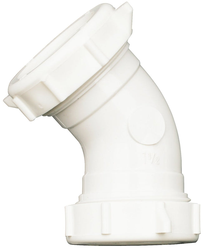 Plumb Pak PP55-7W Drain Pipe Elbow, 1-1/2 in, Slip-Joint, 45 deg Angle, PVC, White