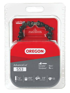 Oregon AdvanceCut Series S53 Chainsaw Chain, 91PX Chain, 14 in L Bar, 0.05 in Gauge, 3/8 in TPI/Pitch, 53-Link