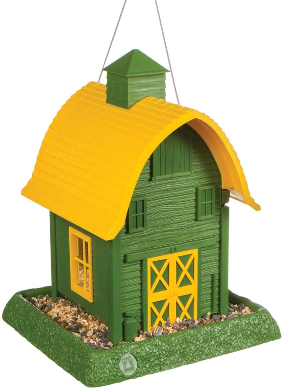 North States 9096 Hopper Bird Feeder, Barn, 5 lb, Plastic, Green/Yellow, 13-1/4 in H, Hanging, Pole