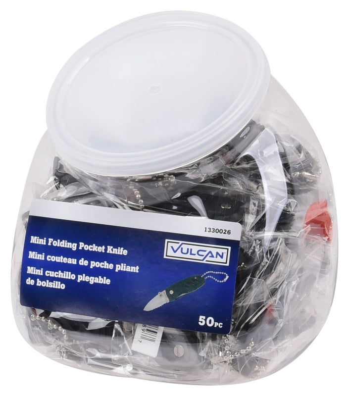 Vulcan W989 Key Chain, Bead Chain Ring, 4 in L Ring, Plastic Case, Black Body/Stainless Steel Blade, Pack of 50
