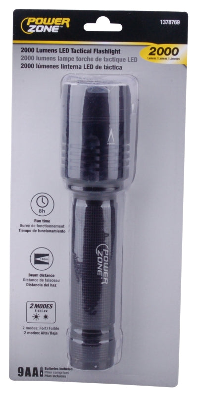 PowerZone 12139 Tactical Flashlight, AA Battery, LED Lamp, 2000 Lumens, 180 m Beam Distance, 8 hr Run Time, Black