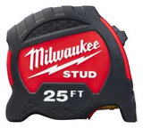Milwaukee STUD Series 48-22-9725 Tape Measure, 25 ft L Blade, 1-5/16 in W Blade, Steel Blade, ABS Case, Black/Red Case