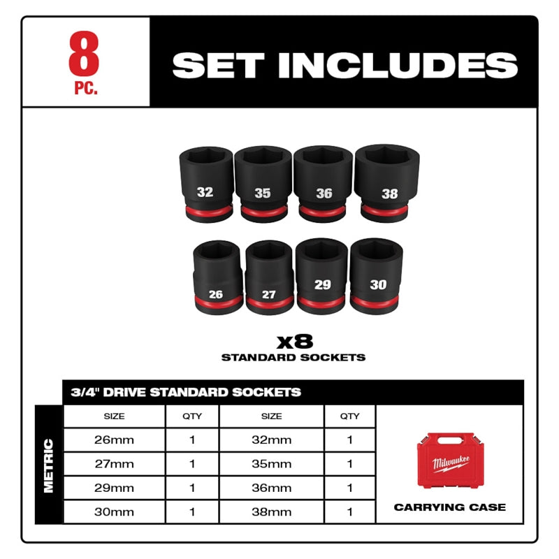 Milwaukee SHOCKWAVE Impact Duty Series 49-66-7019 Standard Metric Socket Set, Molybdenum Steel, Chrome/Phosphate, Black