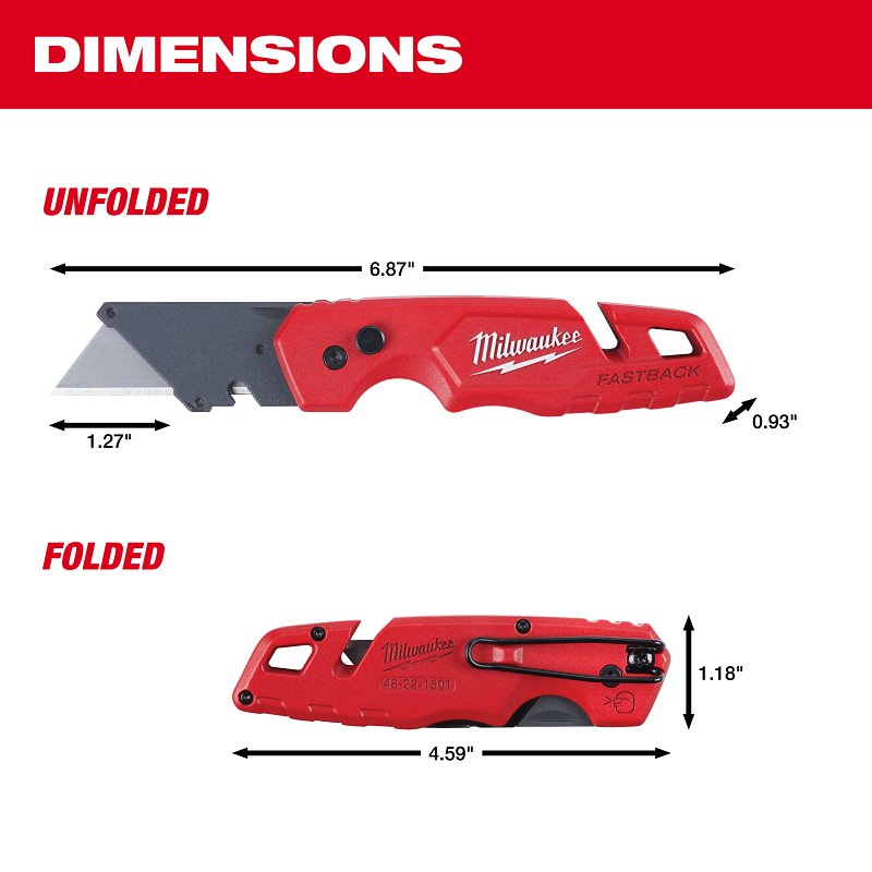 Milwaukee FASTBACK 48-22-1501 Folding Utility Knife, 1.27 in L Blade, 0.02 in W Blade, Steel Blade, 1-Blade, Red Handle