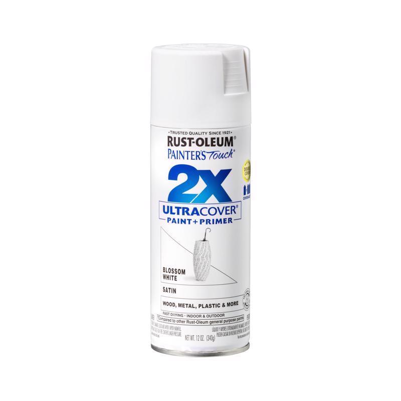 Rust-Oleum Painter's Touch 2X Ultra Cover Satin Blossom White Paint+Primer Spray Paint 12 oz, Pack of 6