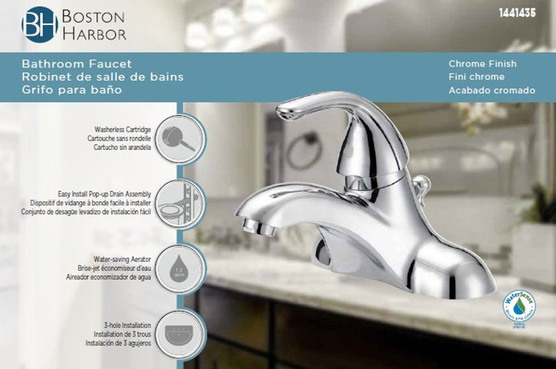 Boston Harbor F4510022CP-1 Lavatory Faucet, 1.2 gpm, 1-Faucet Handle, 3-Faucet Hole, Metal/Plastic, Chrome Plated