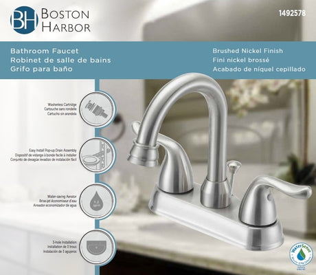 Boston Harbor TQ-5111080NP Lavatory Faucet, 1.2 gpm, 2-Faucet Handle, 3-Faucet Hole, Metal/Plastic, Brushed Nickel