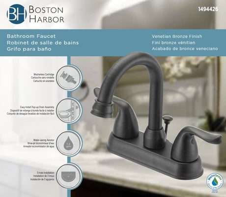 Boston Harbor TQ-5111080RW Lavatory Faucet, 1.2 gpm, 2-Faucet Handle, 3-Faucet Hole, Metal/Plastic, Venetian Bronze
